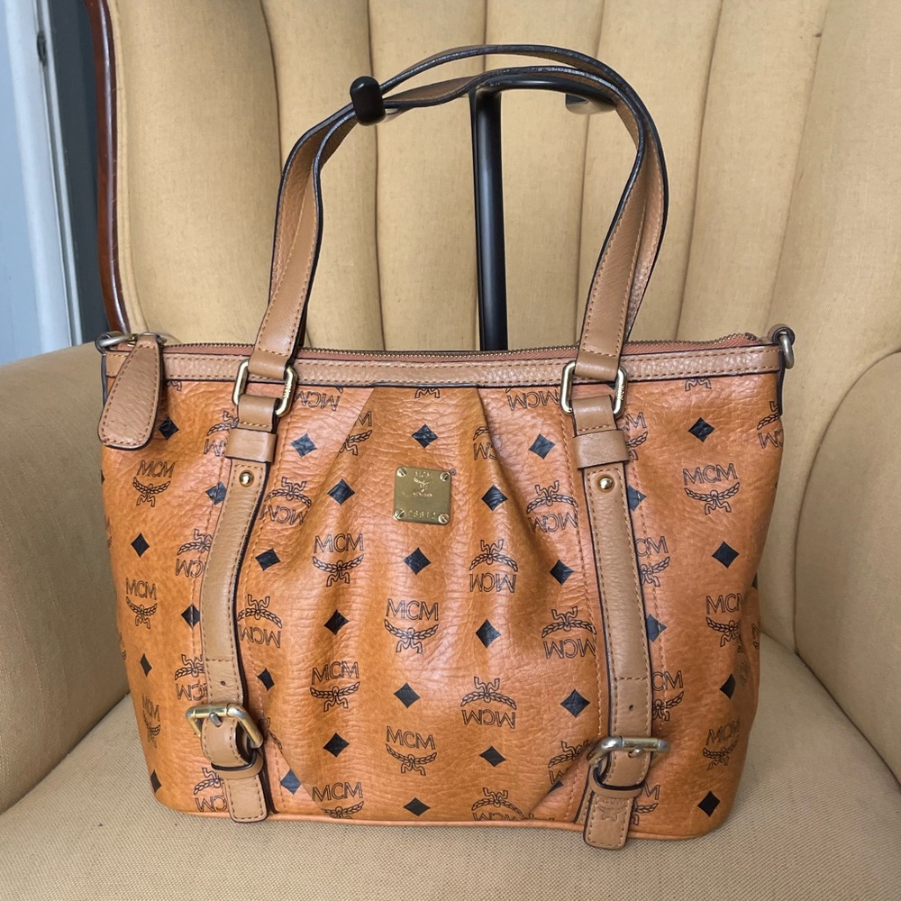 MCM Cognac Visetos Shoulder Zipper Tote Bag